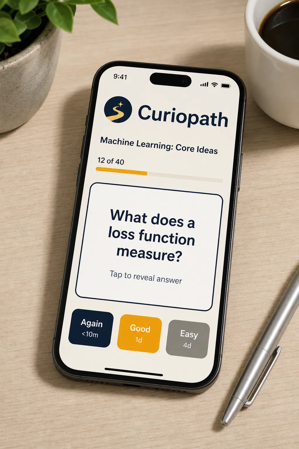 Curiopath flashcard with Again, Good, and Easy spaced-repetition rating buttons